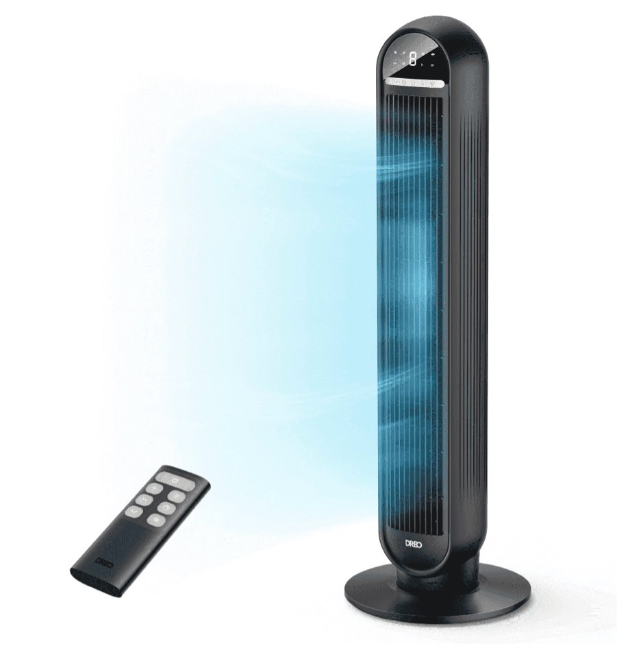 dreo tower fans for home  36  standing floor fan with remote  90° oscillating fan  24 ft/s high velocity  led display  4 speeds  4 modes  8h timer  quiet bedroom fan