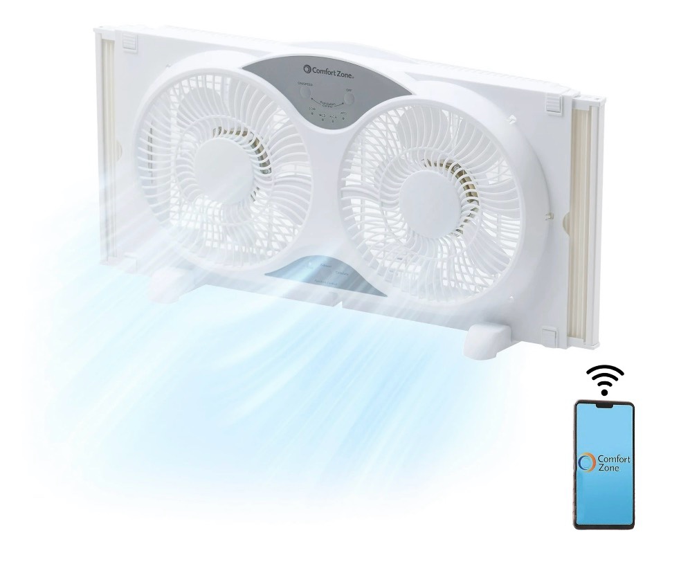 comfort zone living comfort smart wi-fi reversible twin window fan with removable cover and bug screen 9 inch 3-speed expandable timer compatible with ios/android lc310swt