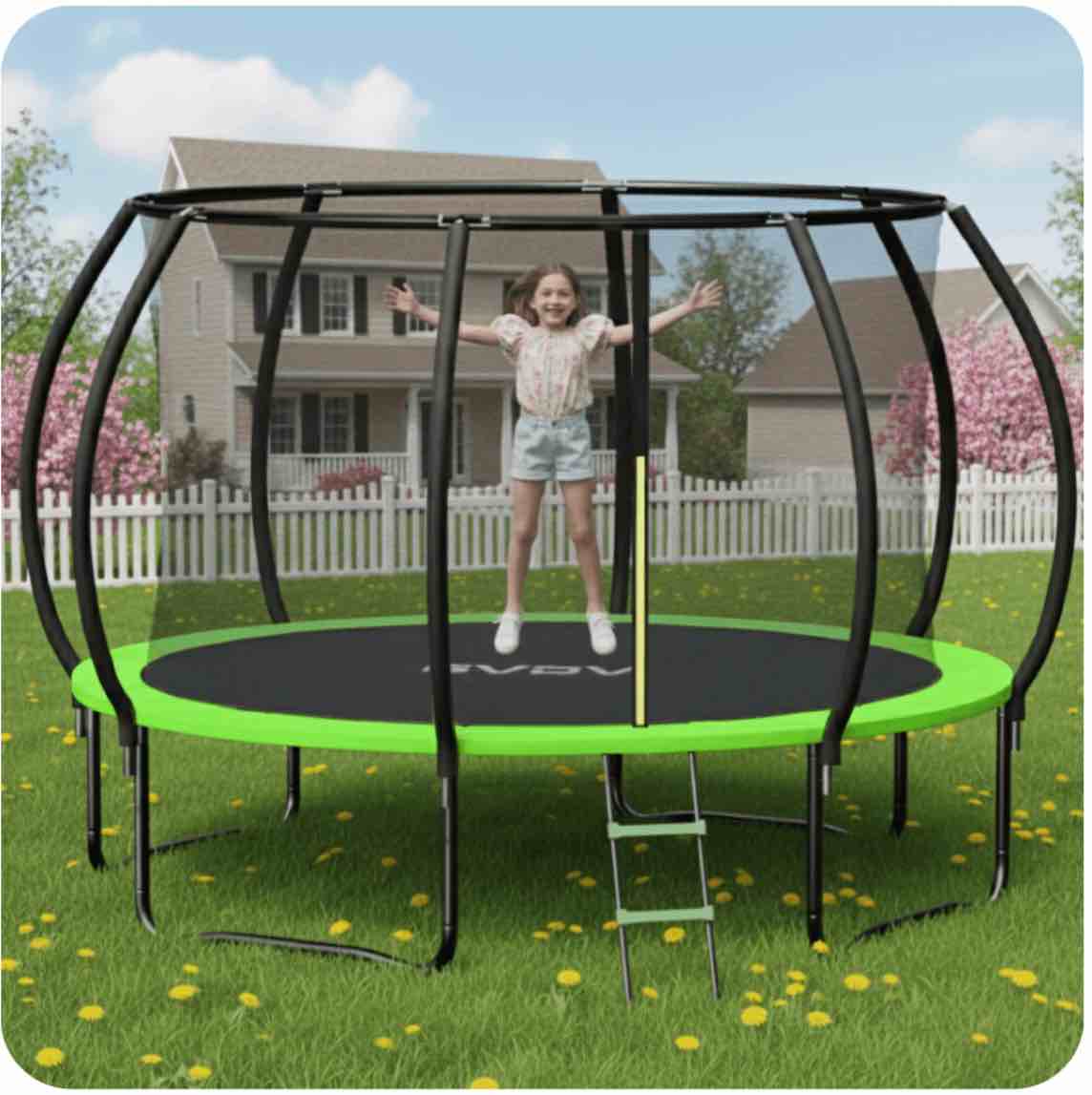 gvdv outdoor trampoline, 10' backyard recreational pumpkin trampoline for kids with enclosure