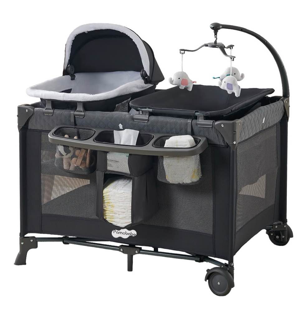 pamo babe 4-in-1 baby playard with bassinet & changing table for newborn,grey