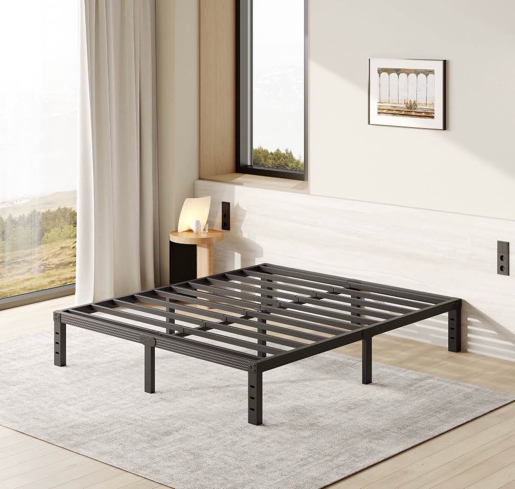 fschos 12 inch queen size bed frame, heavy duty metal platform, no box spring needed, easy assembly, black
