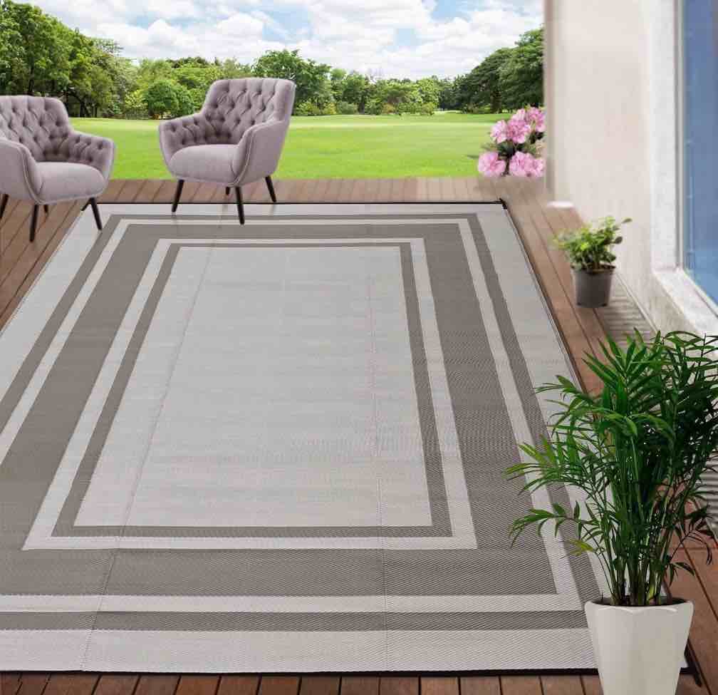 outdoor rug 8‘x10’ waterproof for patios backyard porch deck balcony  plastics reversible geometric