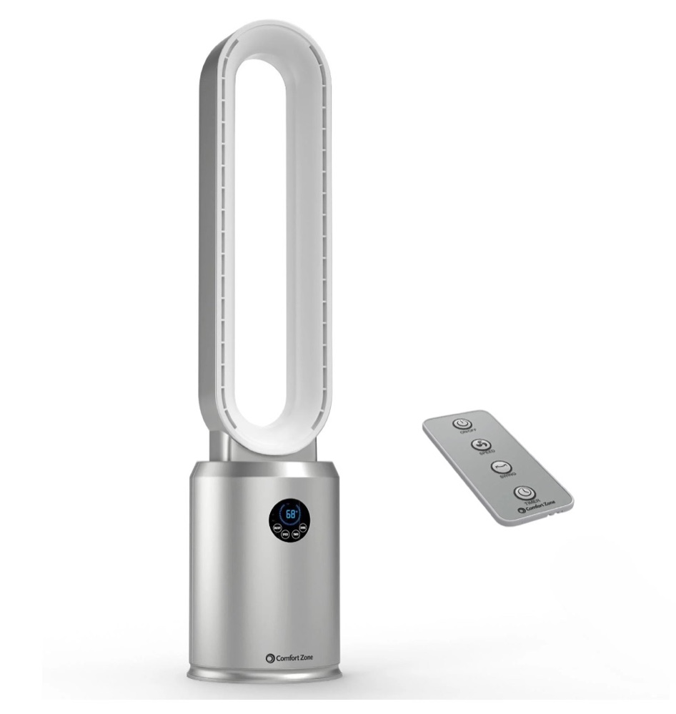 8.66 in. diameter, 40 in. tall 3 speed bladeless tower fan with oscillation, timer, and remote control in silver