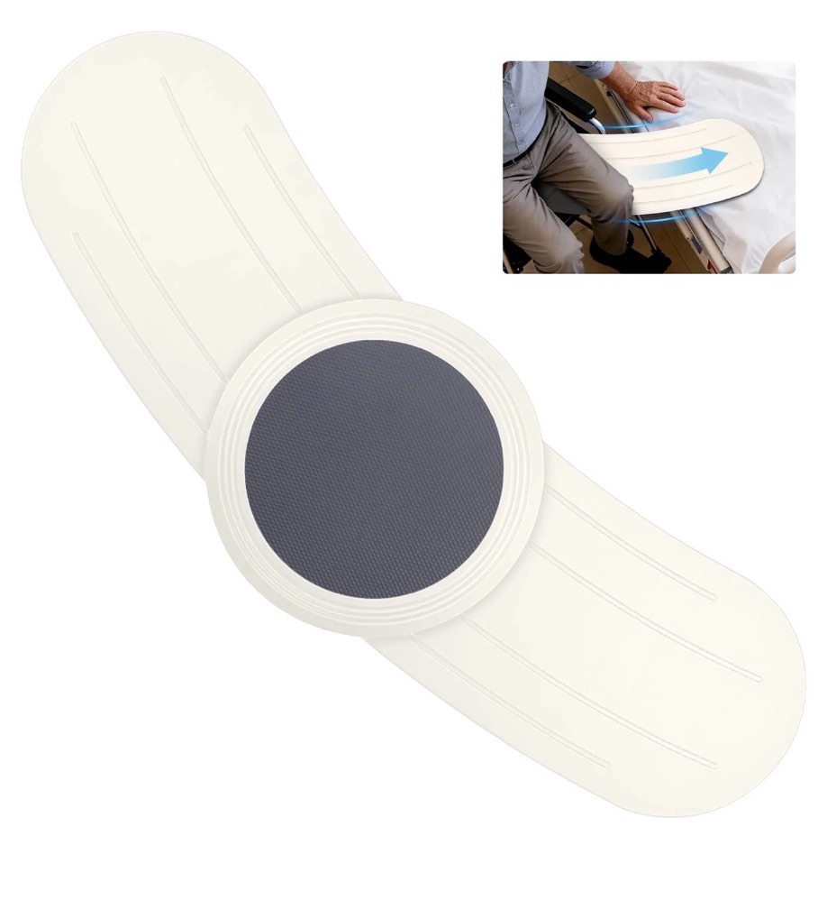 curved transfer board with track pulley turntable, sliding board for smooth pain-free transfers from wheelchair to bed car, holds up to 400 pounds, white