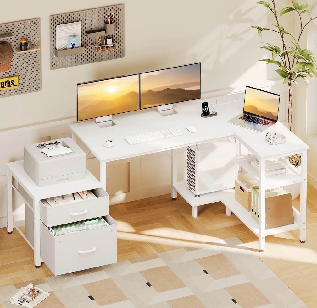 casacomoda l shaped desk with power outlets, large computer desk with file drawer, home office desk with printer stand & storage shelves, corner desk, white