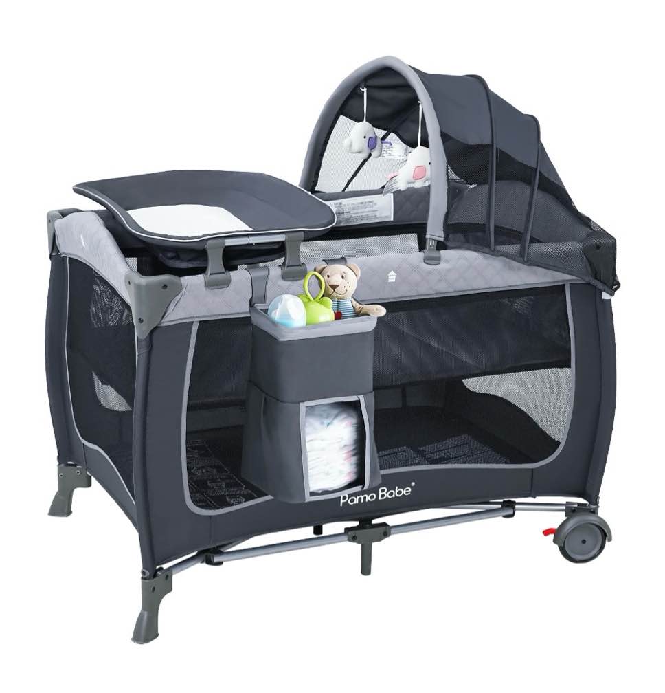 pamo babe unisex portable baby play yard include wheels, canopy, changing table for newborn(grey)