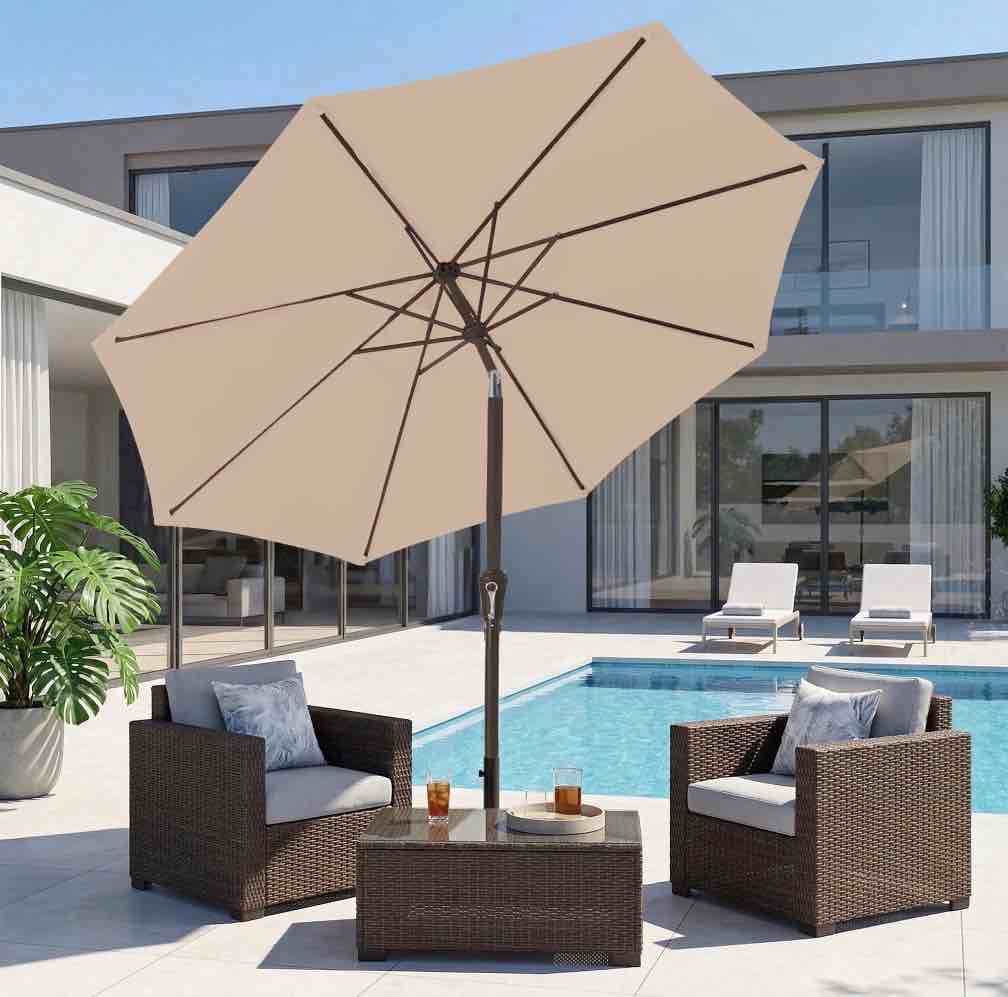 napwant 9ft patio umbrella, 8 sturdy ribs outdoor table umbrella with push-button tilt & crank for garden, deck, and pool beige