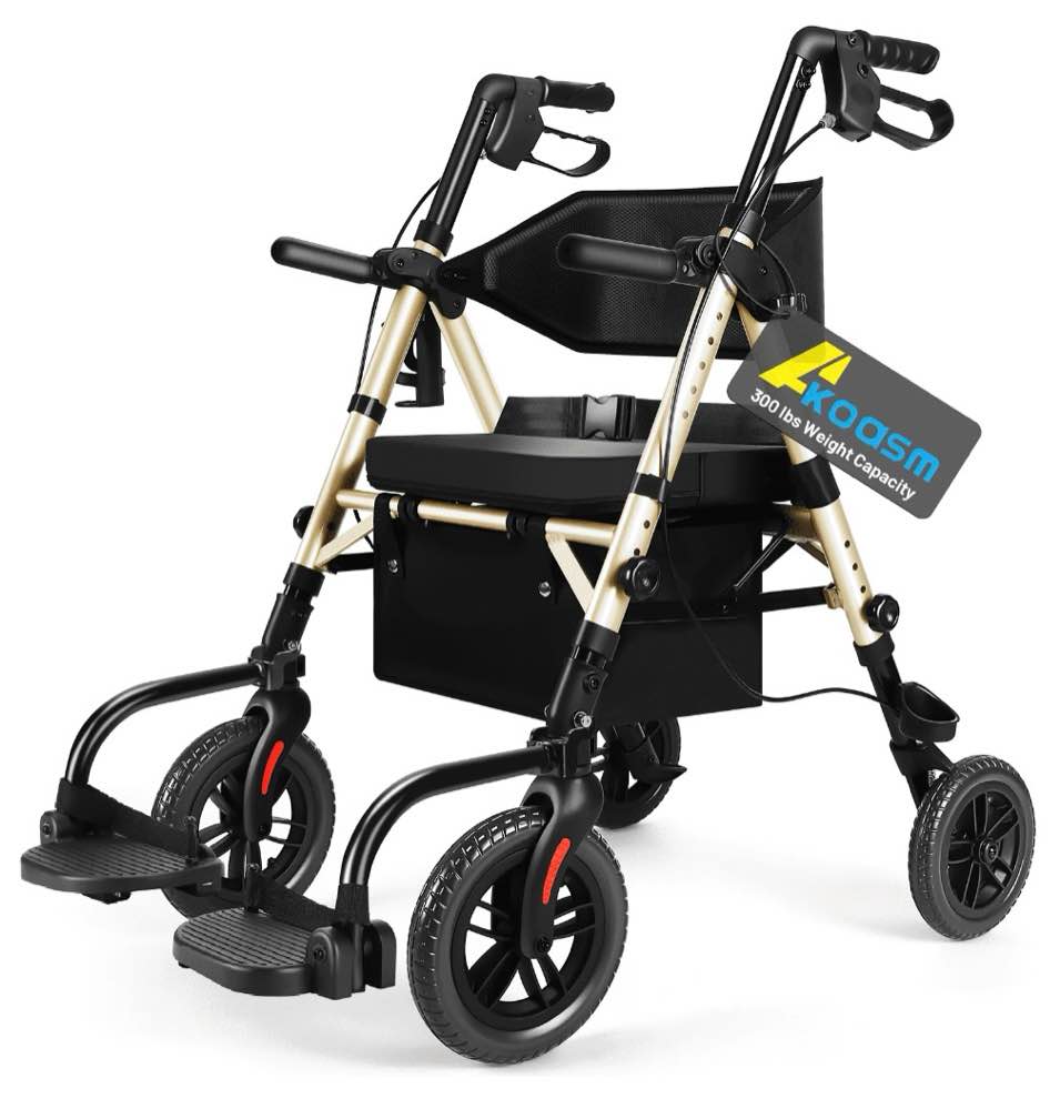 foldable rollator walker for seniors with seat, lightweight 2 in 1 rolling walkers wheelchair combo for adult, transport chair with brakes, adjustable seat and handle, 300 lb. weight capacity