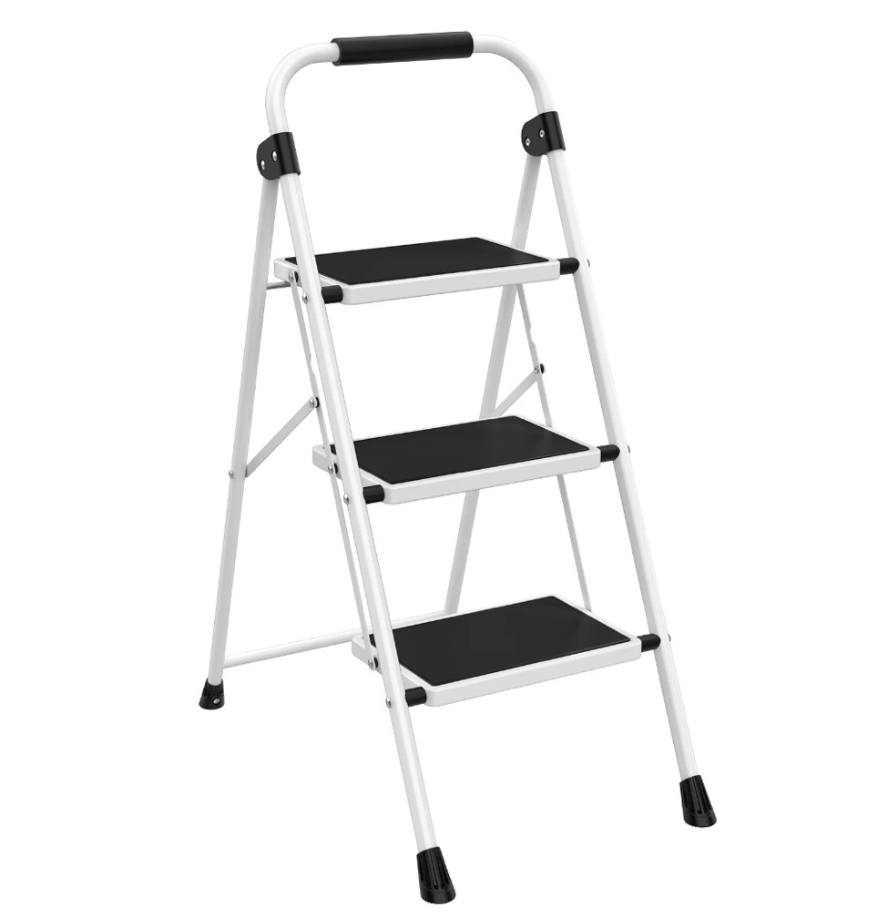 concetta 36 inch iron stepstool, 3 folding stepstool with non-slip pedals and comfortable handrails, sturdy steel ladder portable heavy duty stepstool for kitchen, garage and outdoor use, black