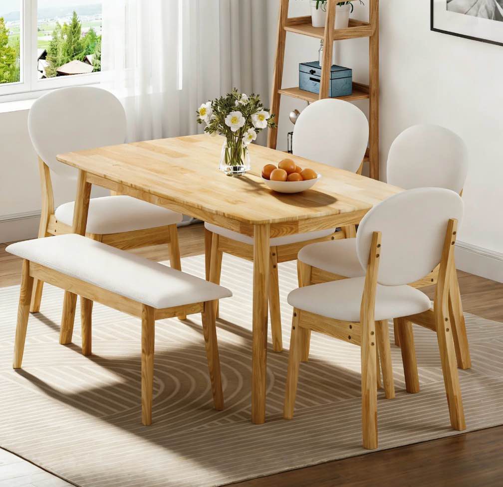 ktaxon solid wood dining table set for 6, mid-century dining room table with 4 padded chairs & bench, 47.3" dining room set for 4~6 family use, natural wood