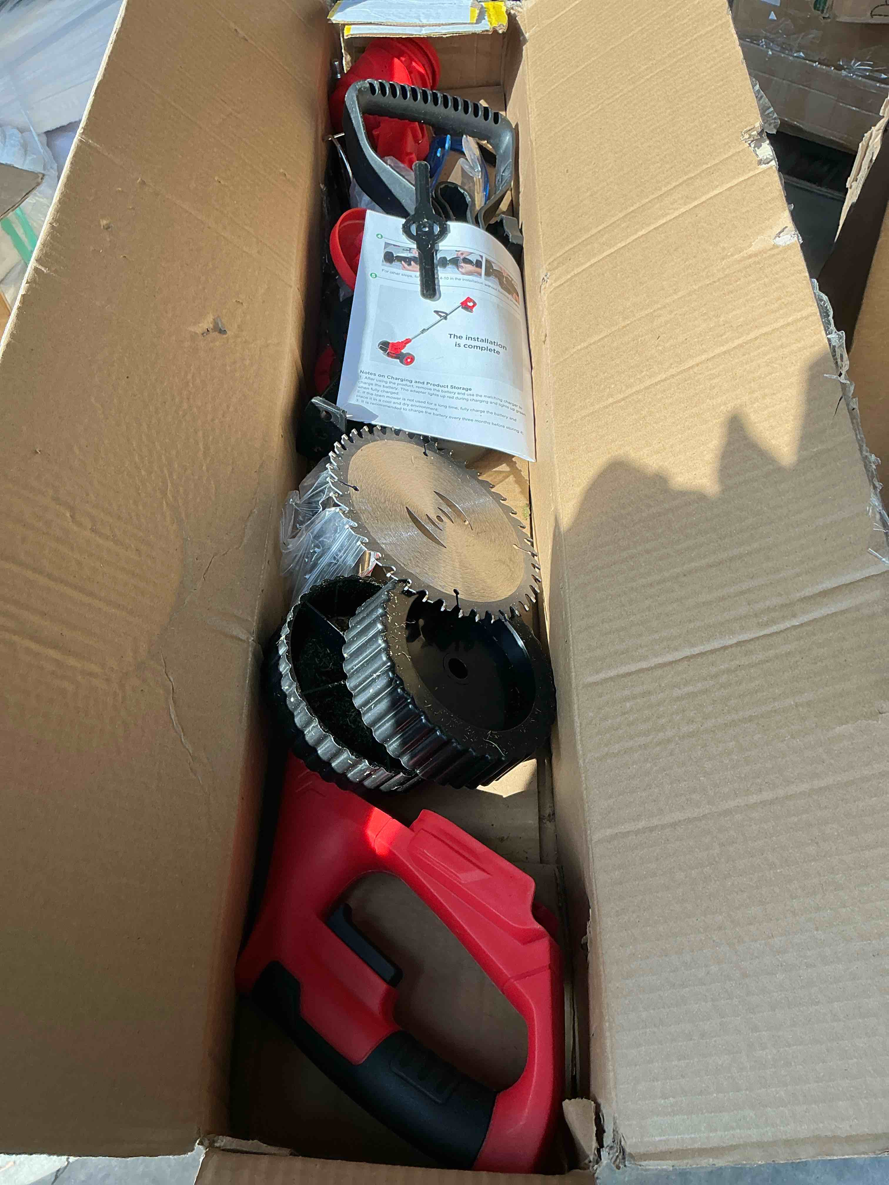 Condition photo showing As Is for tntants electric weed wacker  cordless string trimmer with wheels  2pcs 24v batteries  3 types of blades  adjustable length  weed eater grass trimmer/edger/brush cutter for lawn yard garden (red)
