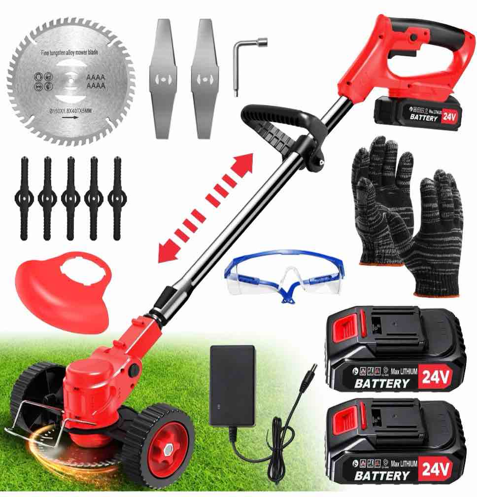 tntants electric weed wacker  cordless string trimmer with wheels  2pcs 24v batteries  3 types of blades  adjustable length  weed eater grass trimmer/edger/brush cutter for lawn yard garden (red)