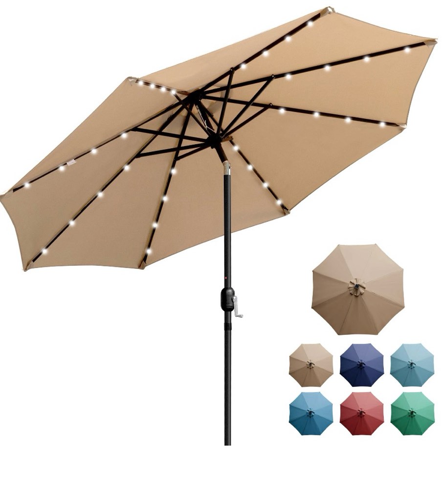sun-ray 9 ft 32 led patio solar umbrella w/ push button tilt and crank outdoor umbrella taupe