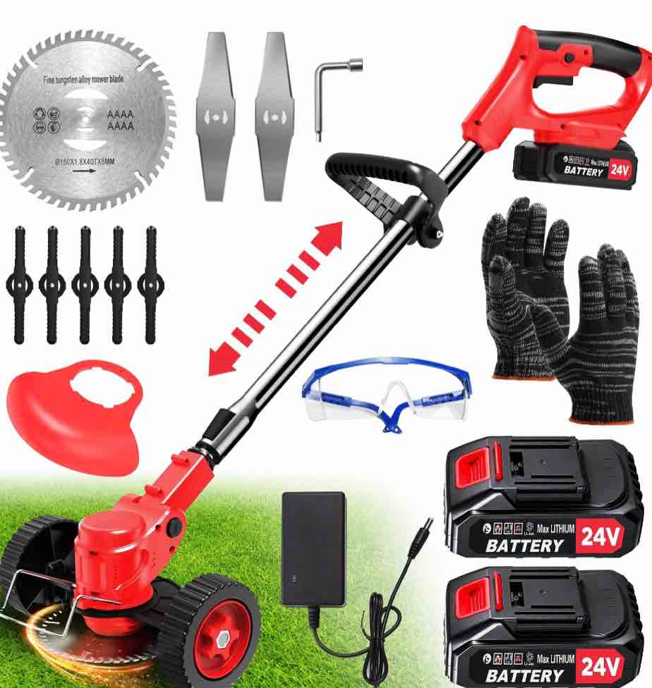 tntants electric weed wacker  cordless string trimmer with wheels  2pcs 24v batteries  3 types of blades  adjustable length  weed eater grass trimmer/edger/brush cutter for lawn yard garden (black)