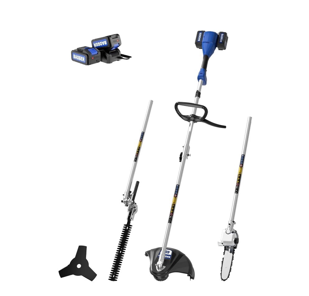 WILD BADGER 40V 4-in-1 Multi-Tool Kit: Weed Wacker  Pole Saw  Hedge Trimmer  Brush Cutter 2*20V 4Ah Batteries & Charger