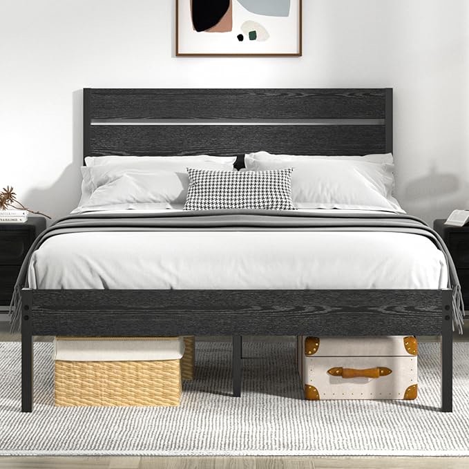 vecelo queen size bed frame with wood headboard and footboard, 14 inch platform/no box spring needed, heavy duty support, easy assembly grey oak queen