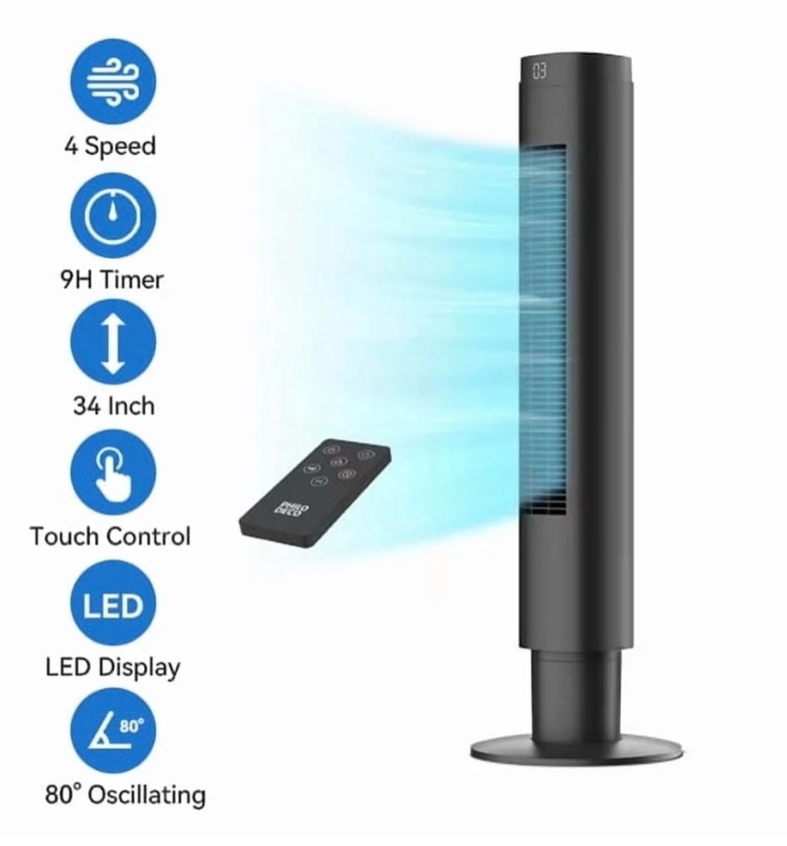 tower fans for home 80 ° vibration remote control vertical floor fan silent bedroom fan 4 speeds multiple modes 9-hour timer bladeless floor fan led display screen black