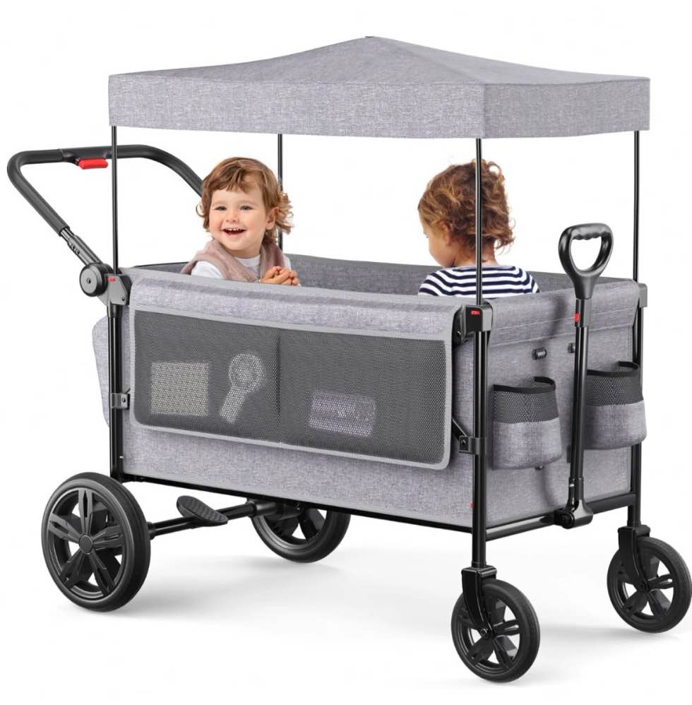 sacvon all-terrain stroller wagon for toddlers with canopy, parent organizer, adjustable handlebar, 2 cup holders