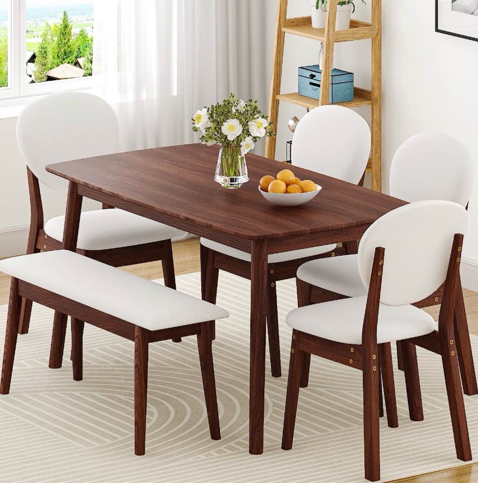 ktaxon solid wood dining table set for 6, mid-century dining room table with 4 padded chairs & bench, 47.3" dining room set for 4~6 family use, walnut