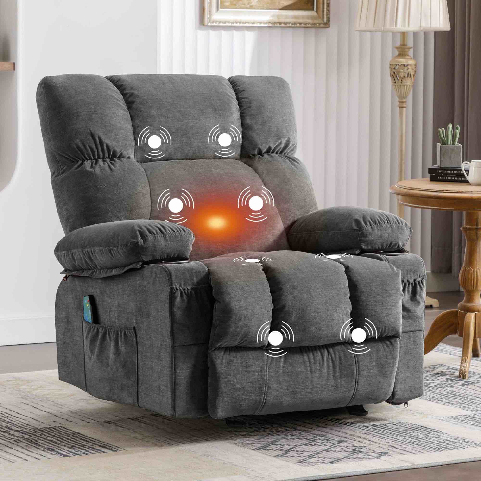 JONPONY Massage Rocker Recliner Chair with Vibration Massage and Heat Ergonomic Lounge Chair for Living Room with Rocking Function and Side Pocket, 2 Cup Holders, USB Charge Port,Grey