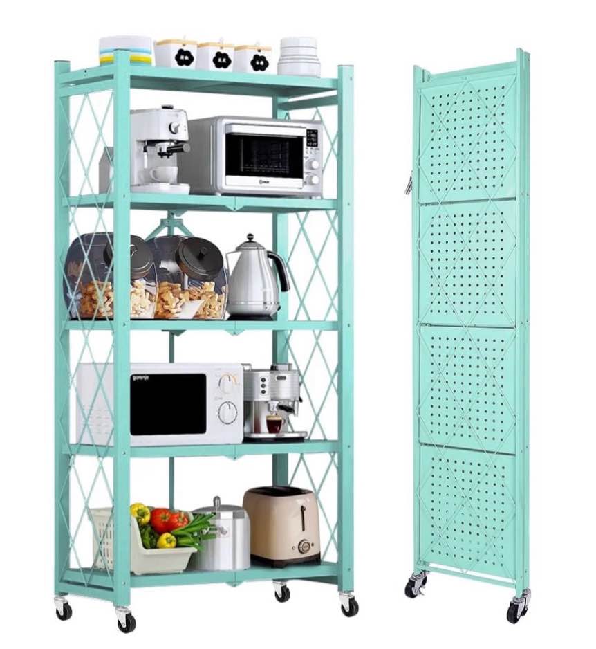 cookcok 5-tier storage shelving unit metal shelf 27.9 x13.4 x62.5 foldable storage shelf with wheels garage shelf metal storage rack kitchen shelf with 4 hooks no assemble require blue