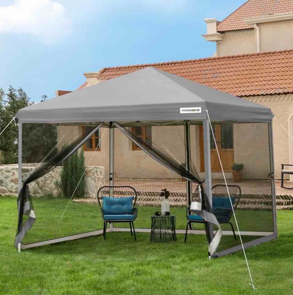 SPECSTAR 10'x 10' Easy Pop-Up Canopy with Mesh Netting, Instant Outdoor Screened tent with Mosquito Netting, 2 Zipper Doors and Roller Bag for Yard Camping Picnic Party Events, Gray