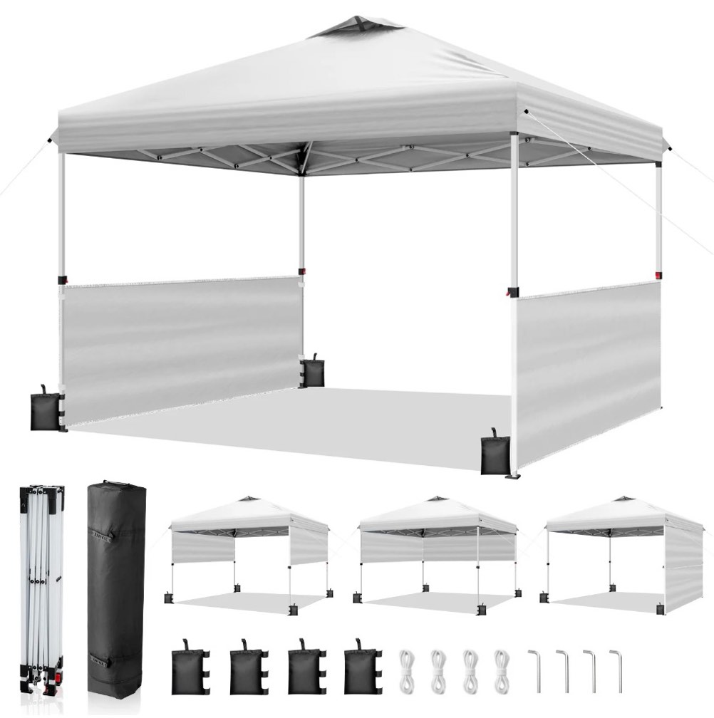 Ktaxon 10x10 Ez Pop Up Canopy Tent Outdoor Sun Shade Shelter Outdoor Gazebo One Push Setup with 2 Half Sidewalls 1 Roller Bag 4 Sandbags UPF50+ - White