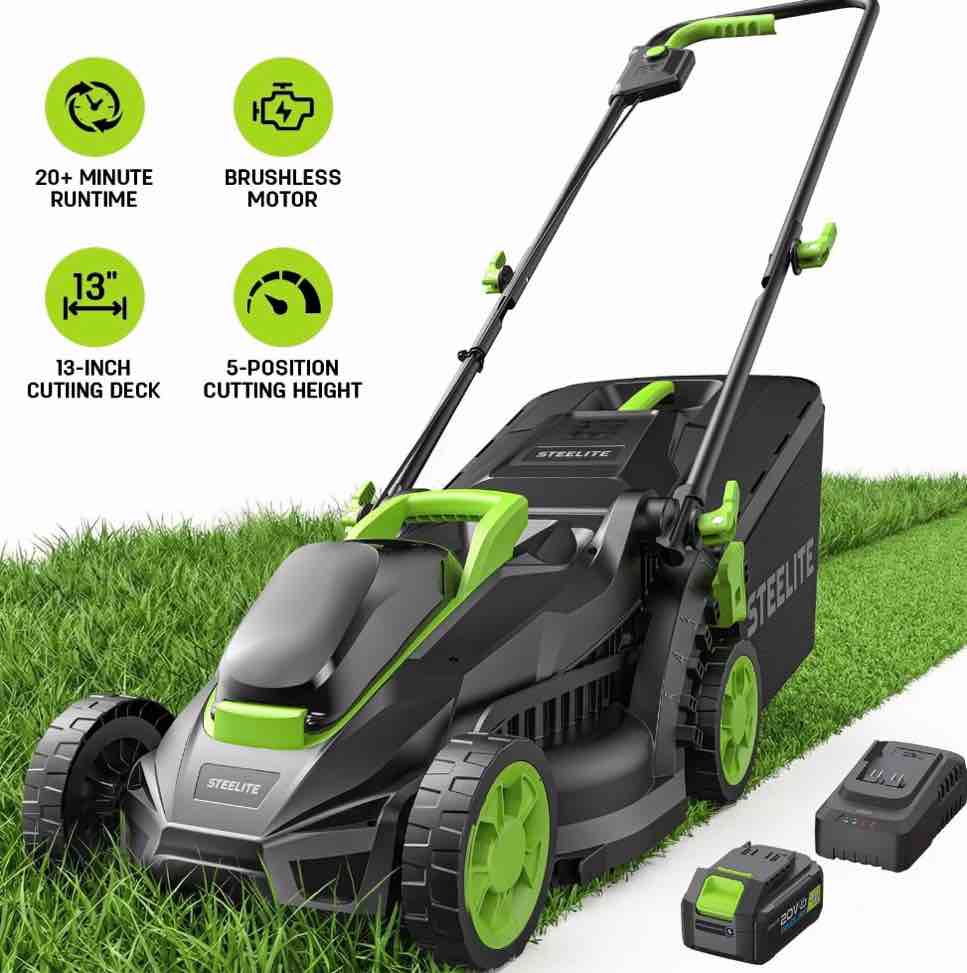Steelite 13-Inch Cordless Lawn Mower, 21v Electric Lawn Mowers With Brushless Motor For Garden,5 Heights Adjustment, 4.0ah Battery & Charger Included