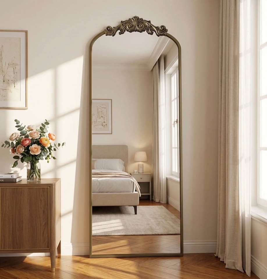 Cuteday 64 x21  Arched Full Length Mirror Metal Vintage Mirror Baroque Style Bronze