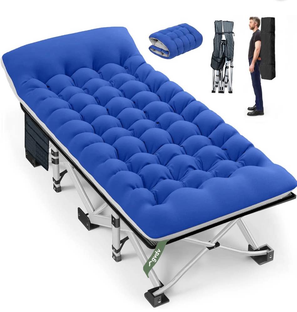 GVDV Folding Camping Cot for Adults with 2 Sided Mattress - 75" x 28" Cot, 1200D Oxford Portable Cot Bed with Carry Bag for Camp Travel Guest, Blue