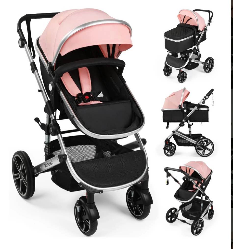 Vomeast Baby Stroller, Foldable Aluminum Alloy Stroller with Reversible, Travel Stroller for Newborn Infant, Pink & Black