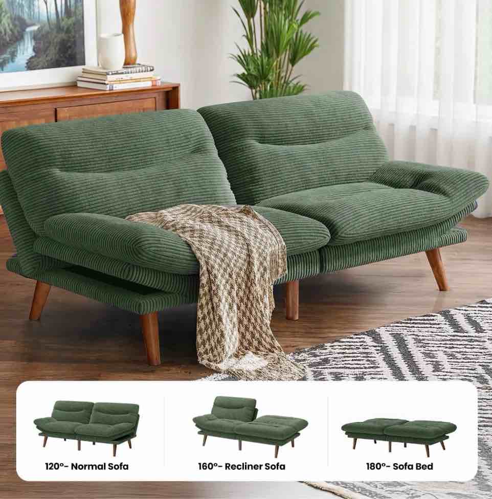 CHITOOMA 75" Corduroy Futon Sofa Bed, Green Convertible Couch with Adjustable Backrest and 6-Level Armrests, Comfy Sleeper Sofa for Living Room, Apartment, or Office