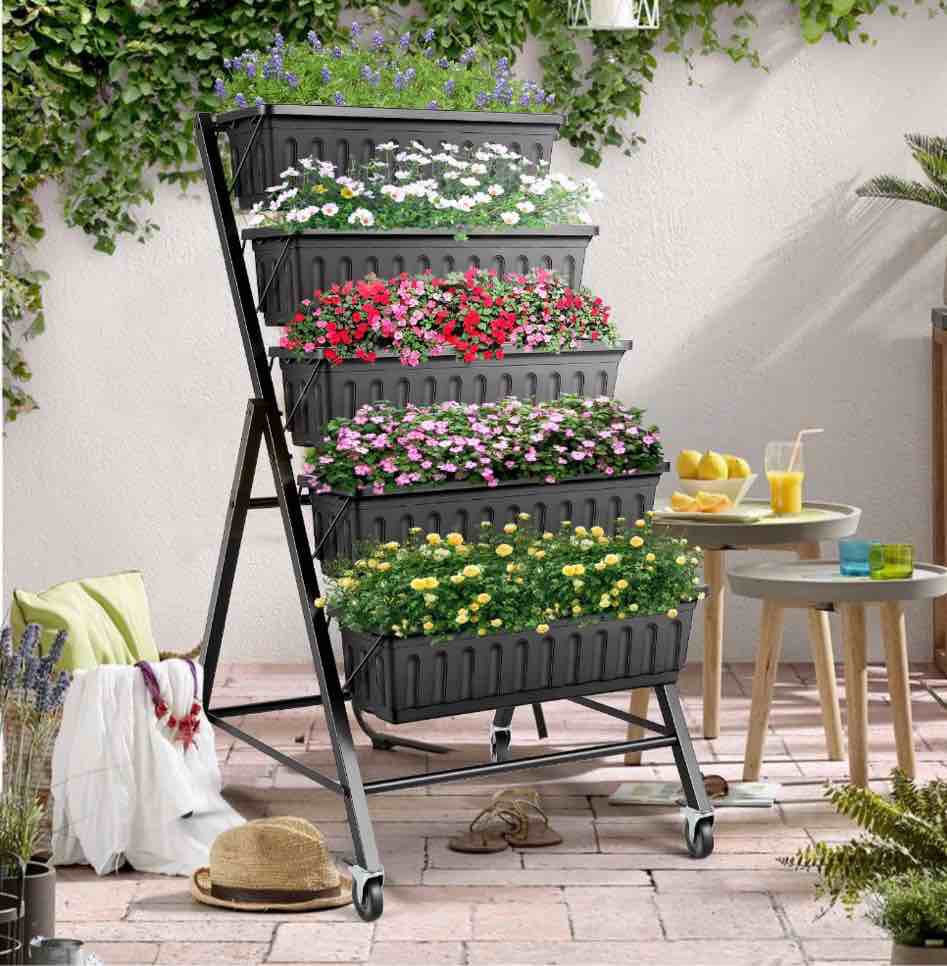 Funcid 4 ft Vertical Garden with Removable Locking Wheels 5-Tier Raised Garden Bed Planter Box for Patio Balcony Flower Herb Freestanding Garden Planter - 30 ×26 ×48