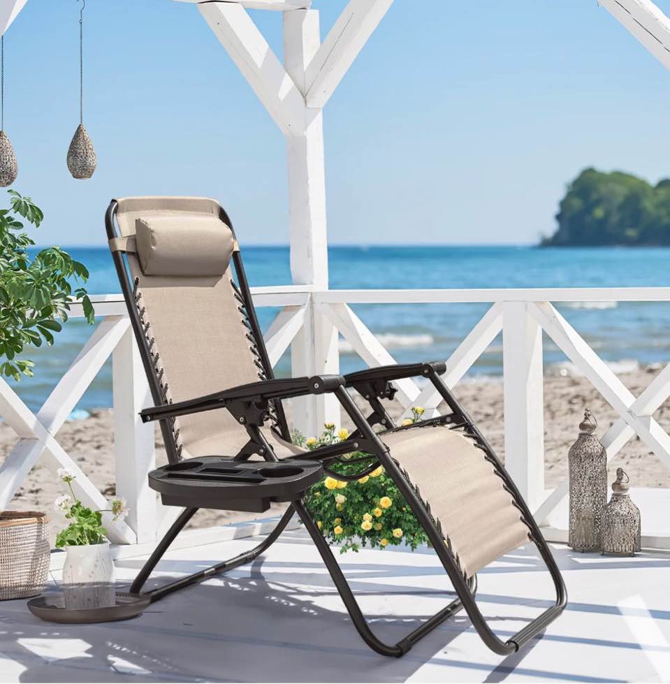 lacoo zero gravity chair patio outdoor foldable lawn lounge chair reclining chair with adjustable pillow   beige