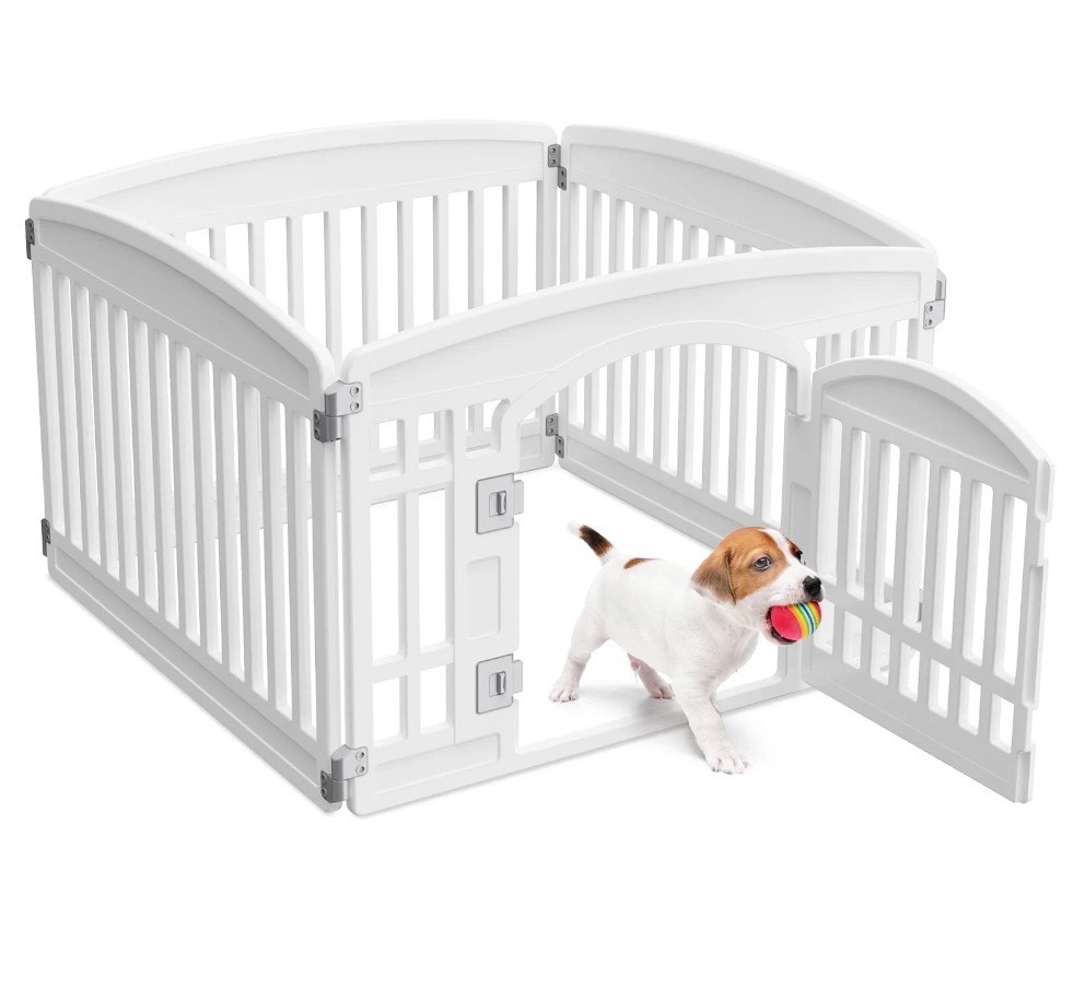 edx dog playpen, 4-panel 24" foldable pet pen with door, indoor/outdoor puppy pen, customizable, white
