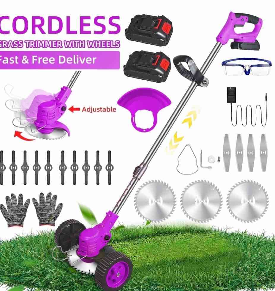 the latest small portable cordless electric lawn mower/lawn cutter with 2 high-capacity lithium batteries and 3 types of blades, many gifts, multi-function weed cutter for yard and garden(purple)
