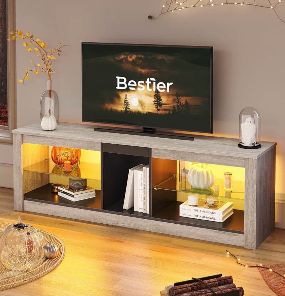 bestier rgb tv stand for tvs up to 60" with led lights entertainment center, retro gray