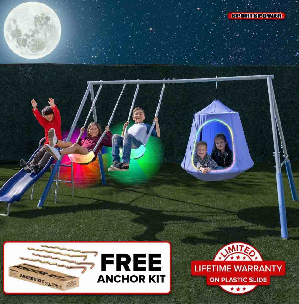 sportspower shooting star metal swing set with led swings & 5 double wall slide with lifetime warranty