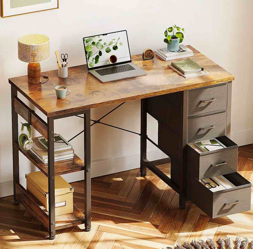 casacomoda computer desk with drawers & storage shelves, 40 inch corner desk for home office bedroom, small teen pc desks with fabric drawer, vintage