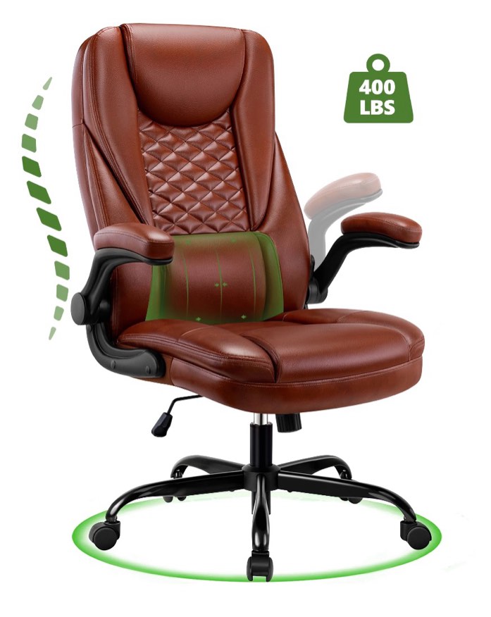 coolhut executive office chair home office desk chairs, ergonomic computer faux leather desk chair with adjustable flip-up arms, lumbar support swivel task chair with rocking function, vintage brown
