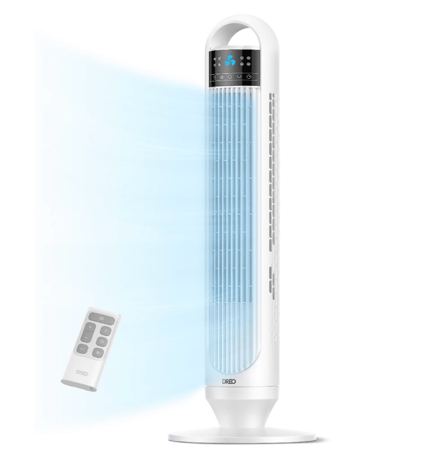 dreo tower fans for home  32  standing floor fan  26 ft/s bladeless fan with remote  90° oscillating  3 modes  3 speeds  led display  8h timer  quiet room fan