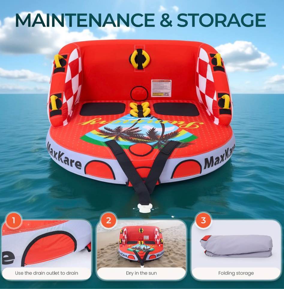 Condition photo showing New/Like New for maxkare towable tube with dual tow points, waterskiing towables for outdoor, 1- 2 riders, max 450lbs, red