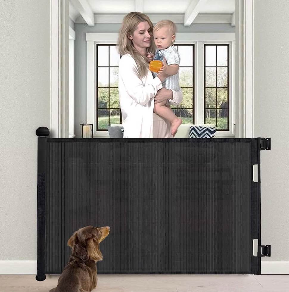 retractable baby gate, hdj 42in extra tall baby safety gate, 71" wide baby gate dog gate for stair, doorway,metal auto-lock,black
