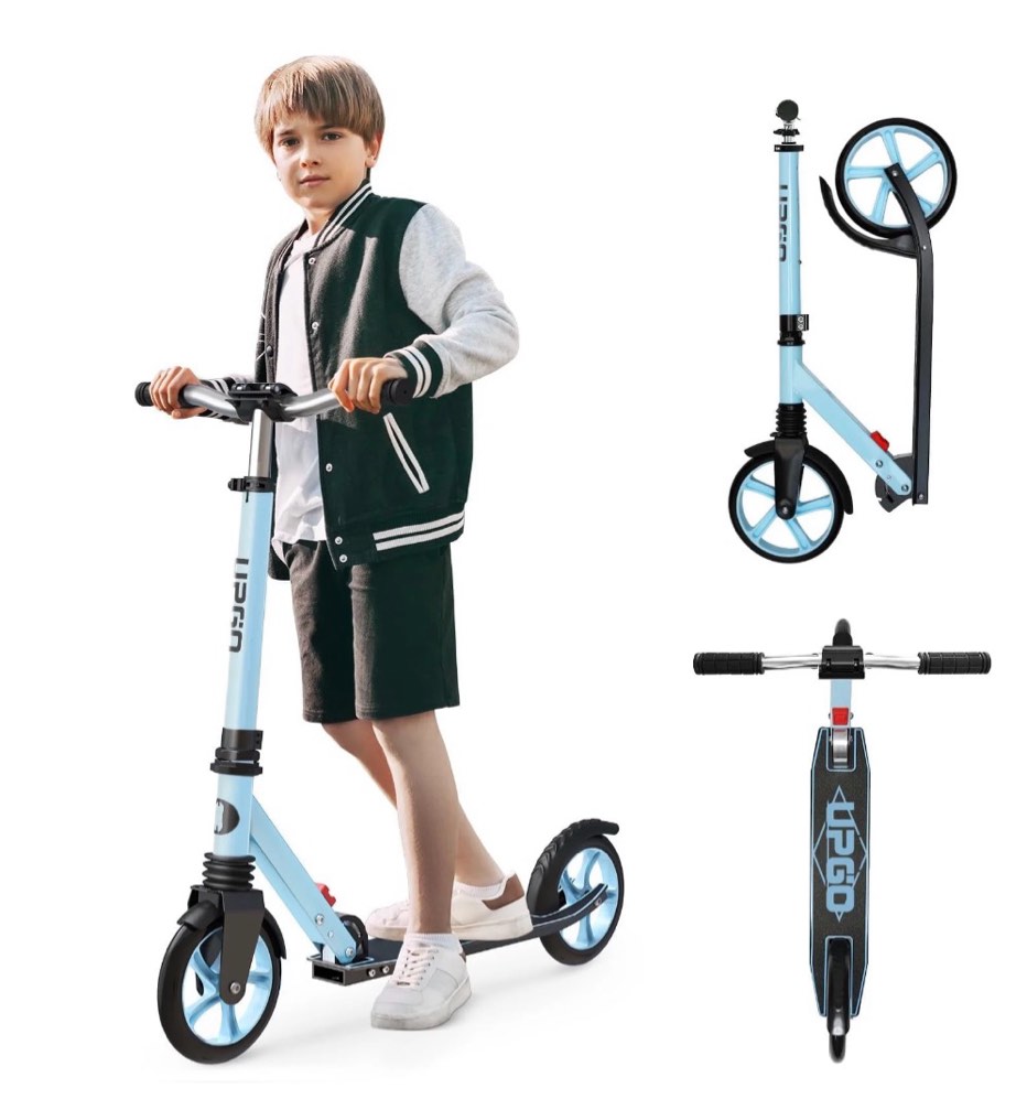 upgo kick scooter for ages 6+  kids  teens & adults  240 lb max load  foldable  8-inch wheels blue