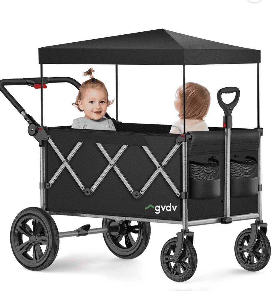 gvdv kids stroller wagon, 3-in-1 collapsible double toddler wagon, all-terrain baby stroller wagon with canopy, 5-point harness & adjustable handle, black