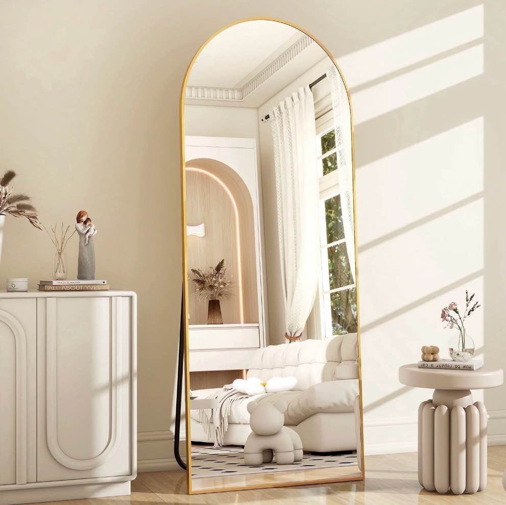 beautypeak arched 64.1"x21.1" full length mirror floor mirror sturdy mdf mirror with stand full body mirror, gold 21.1"w x 64.1"h