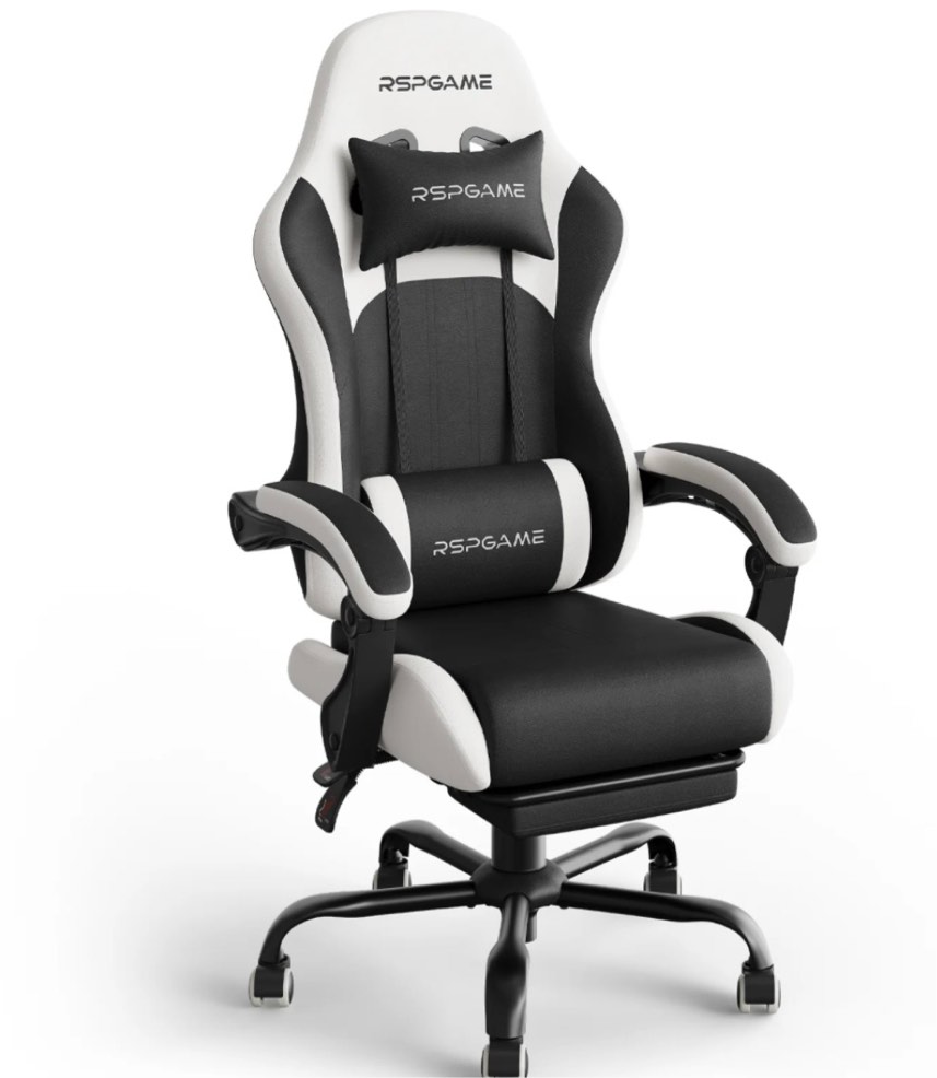 rspgame ergonomic gaming chairs for adults,pocket spring cushion,pu leather office chairs with lumbar support and retractable footrest,home and office computer chairs-white racing
