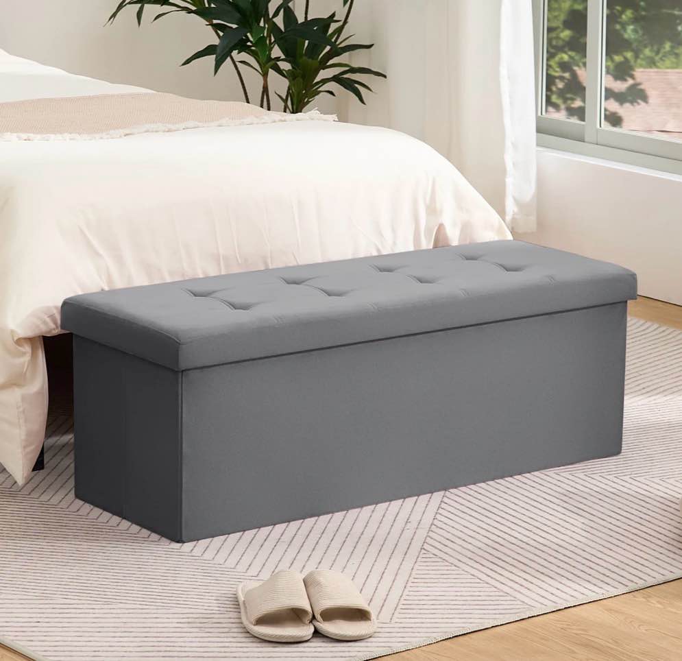 lusimo ottoman with storage 43" velvet storage bench folding end of bed bench hold up to 660lb footstool for bedroom living room, dark grey