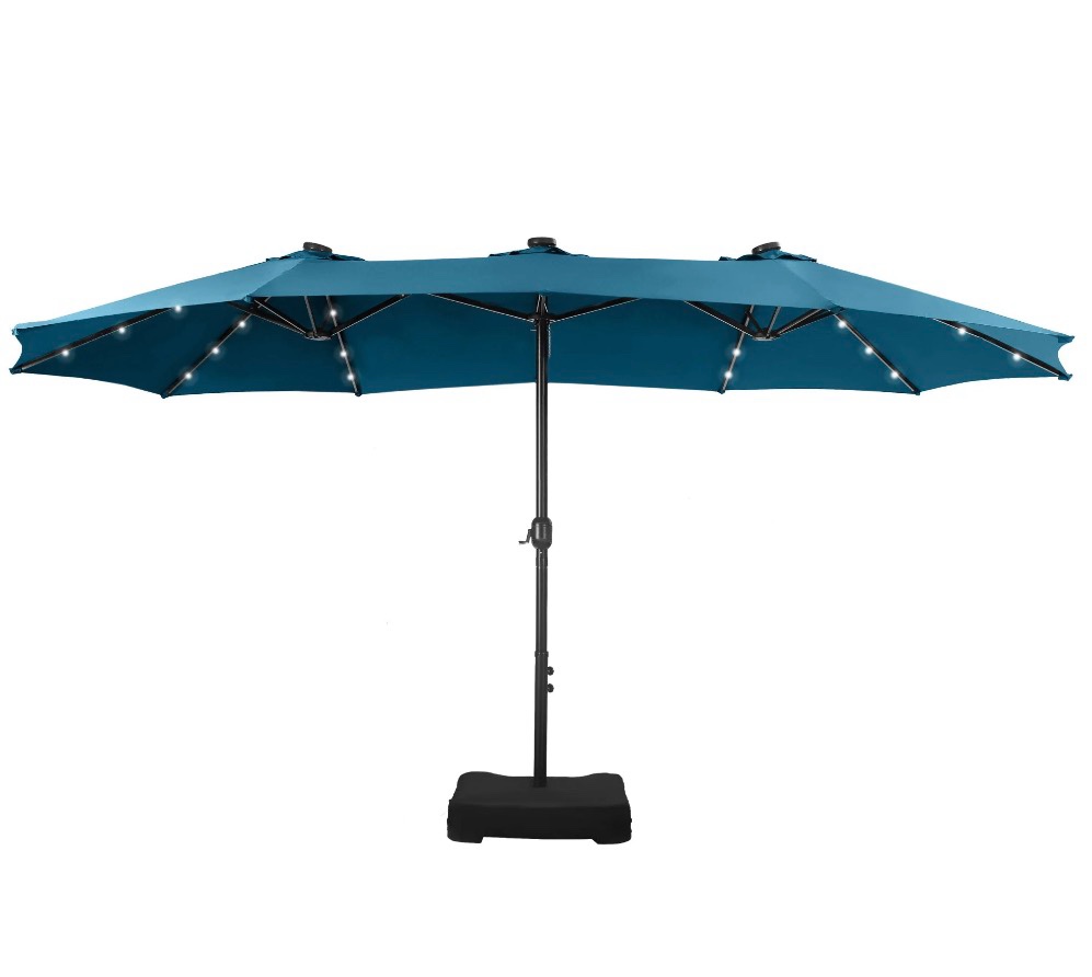 summit living 15 ft double-sided solar patio umbrella with base large outdoor umbrella with led solar lights - cerulean