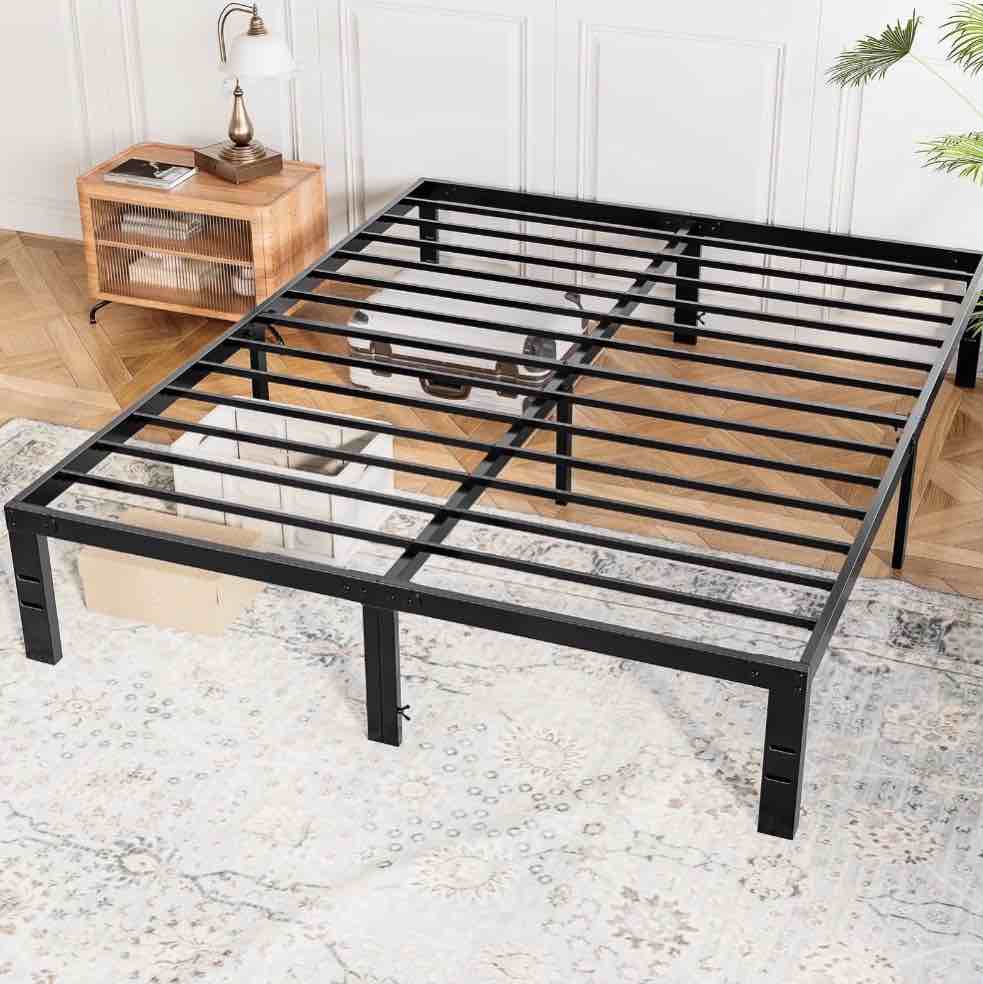 edx 14" high full size bed frame no box spring needed, heavy duty metal with sturdy steel slat support and under bed storage full
